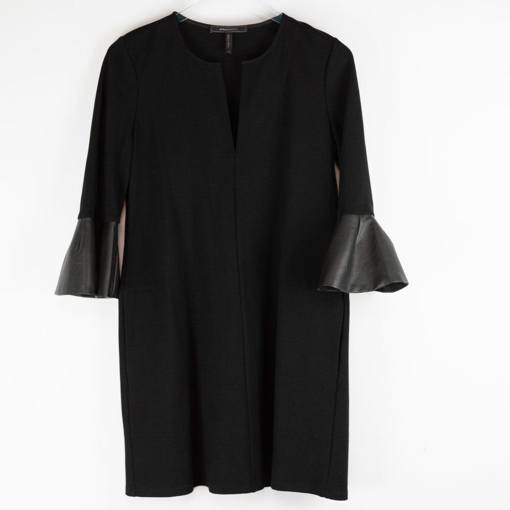 BCBGMaxAzria Catier Dress Quarter Sleeve Faux-Leather Trim Midi Black Size XS - Picture 2 of 6